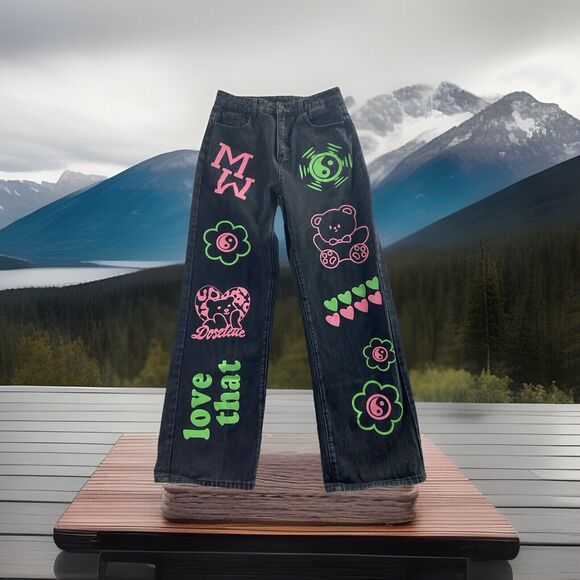 RUMWE Jeans Womens Large12-14 Black Graphic Print unique Gangsta Hip Hop Rare - Picture 1 of 11